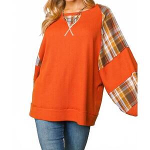 NEW HAPTICS women's thermal knit color block bubble sleeve top in orange